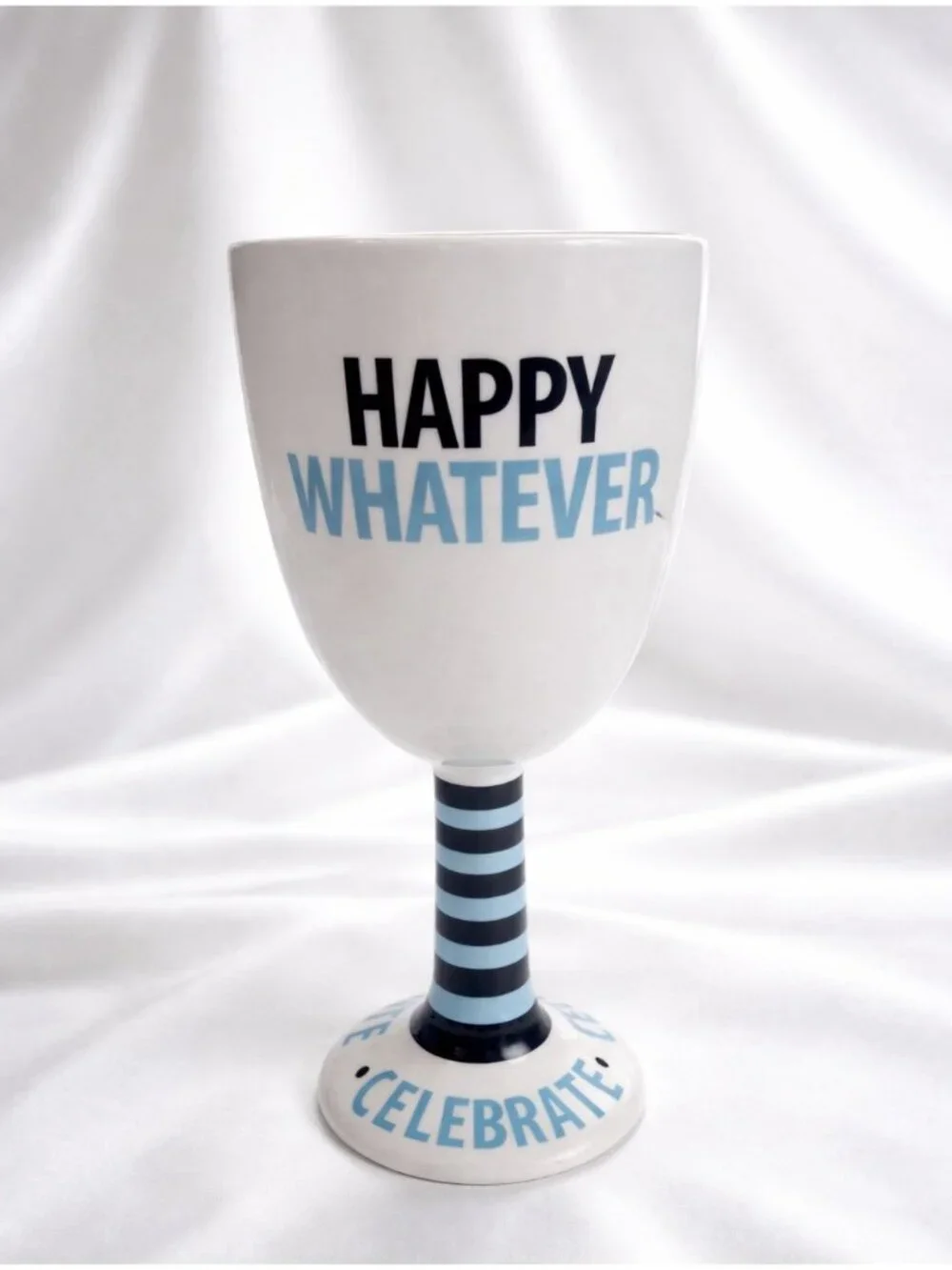 Laurie Veasey “Happy Whatever” Wine Goblet Mud Pie Humor Cup 7.5” Blue Black - Picture 2 of 5